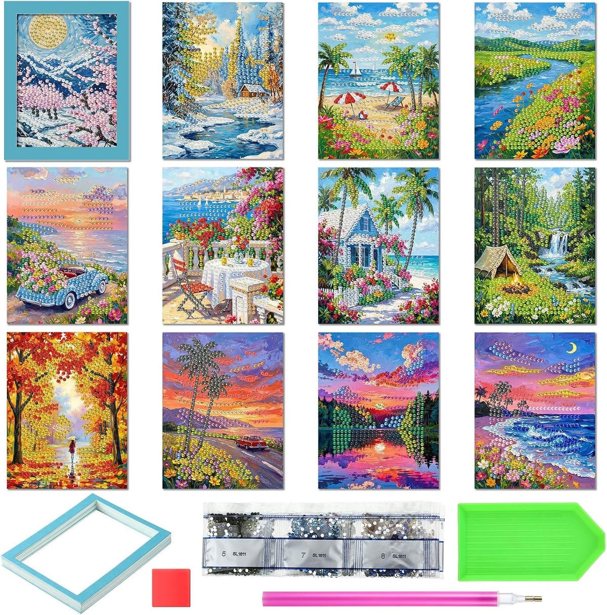 Saillong 24 Pcs Landscape Mini Diamond Painting Kits with Frames Set