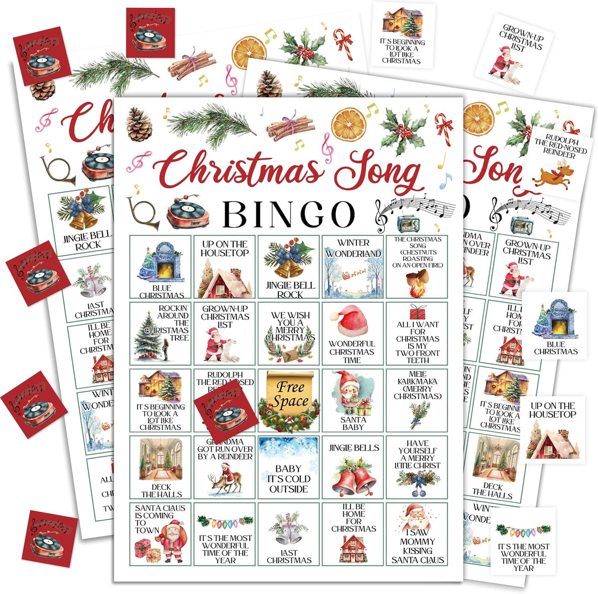 Christmas Bingo Game, Christmas Song Party Game Cards for Adults, 24 Players Winter Holiday Activities for Family Friends, Large Xmax Musical Party Party Supplies Favor Decor, (004)