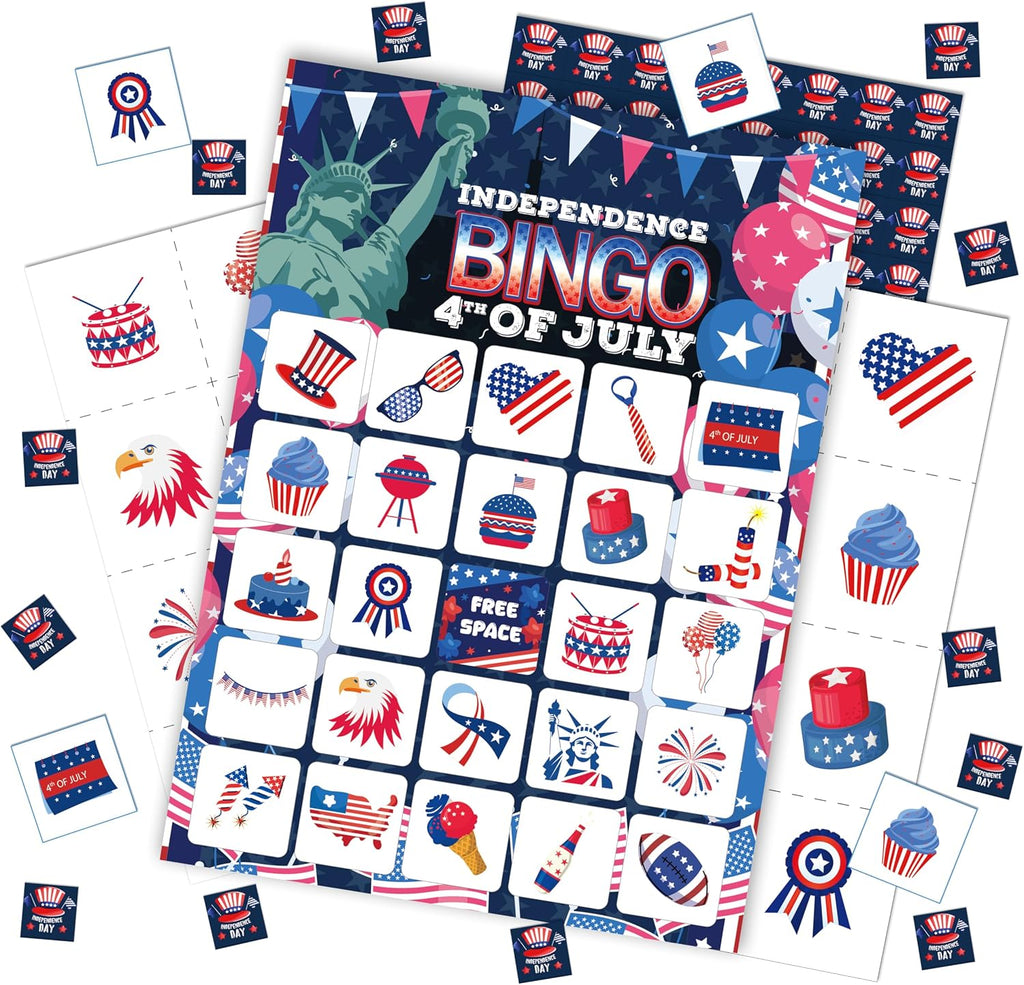 24 Players Independence Day Bingo Game Cards - 4th of July Patriotic Party Activities for Family & Adults, 5x7 Premium Cardstock, American Flag BBQ Decorations, Memorial Day Games with Caller Chips