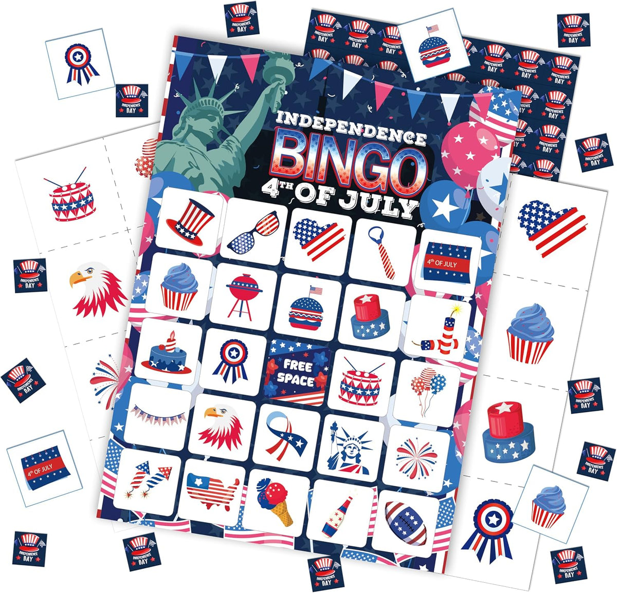 24 Players Independence Day Bingo Game Cards - 4th of July Patriotic Party Activities for Family & Adults, 5x7 Premium Cardstock, American Flag BBQ Decorations, Memorial Day Games with Caller Chips