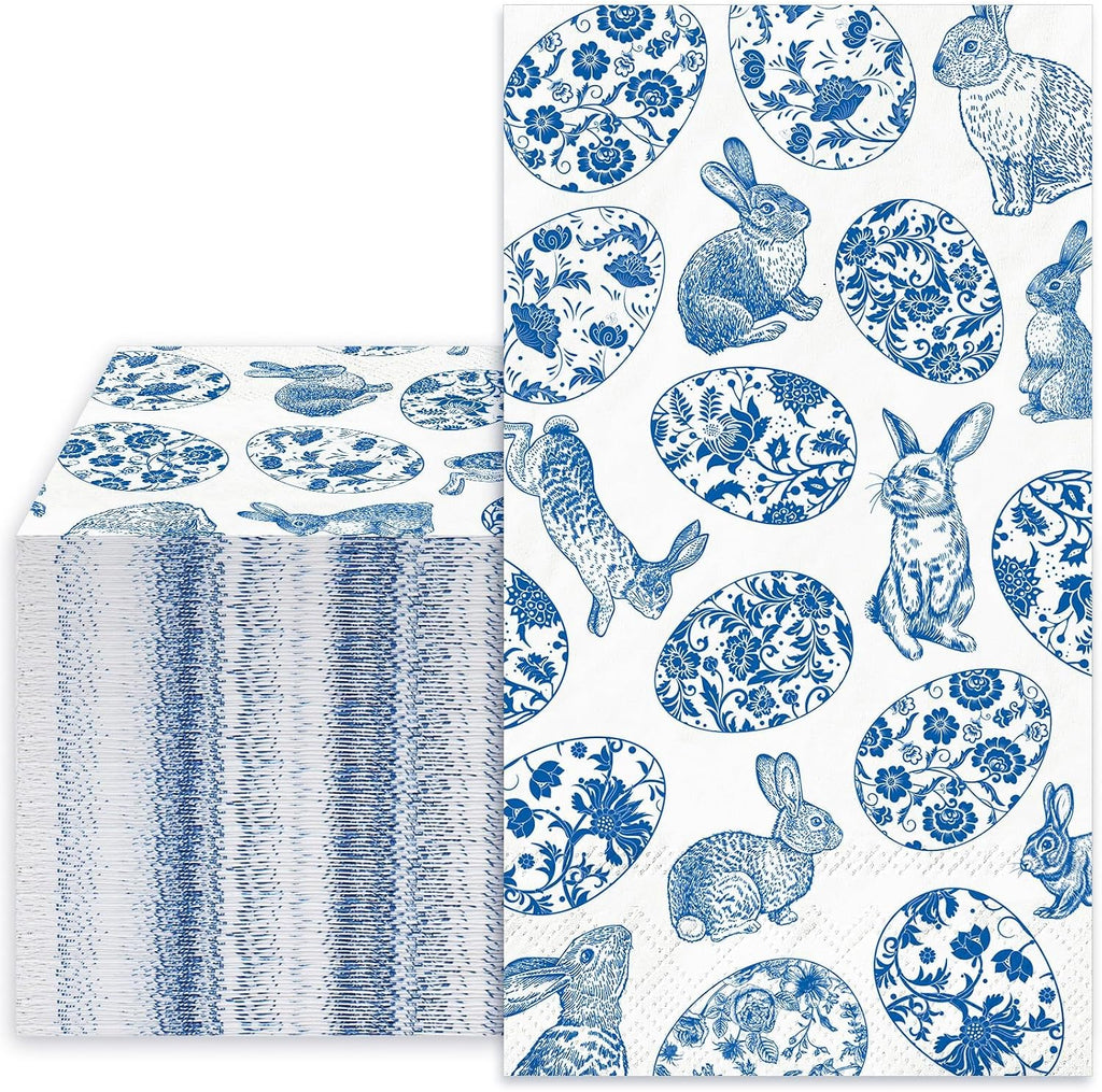 Whaline 40 Pcs Easter Guest Napkins Paper Napkins Blue White Chinoiserie Bunny Rabbit Egg Floral Disposable Bathroom Hand Towels for Spring Bridal Baby Shower Party Dinner Table Supplies