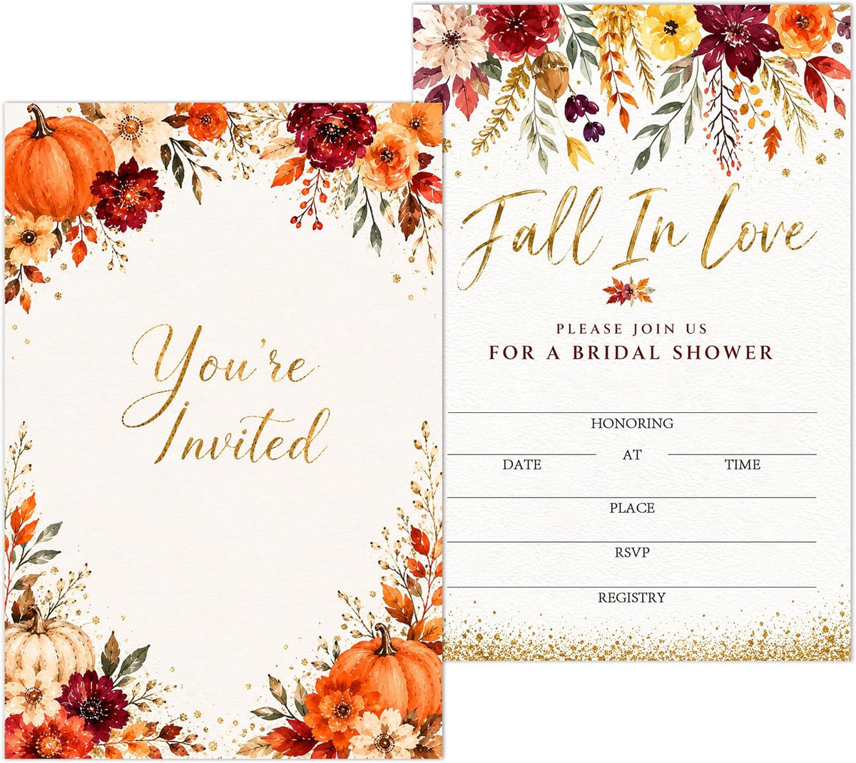 Fall in Love Bridal Shower Invitations, Fill In Style Invites With Envelopes for Fall Wedding Reception, Watercolor Floral Bridal Shower Invitations, Bride To Be Double-Sided Invite Cards, 4 x 6 Inch Set of 25