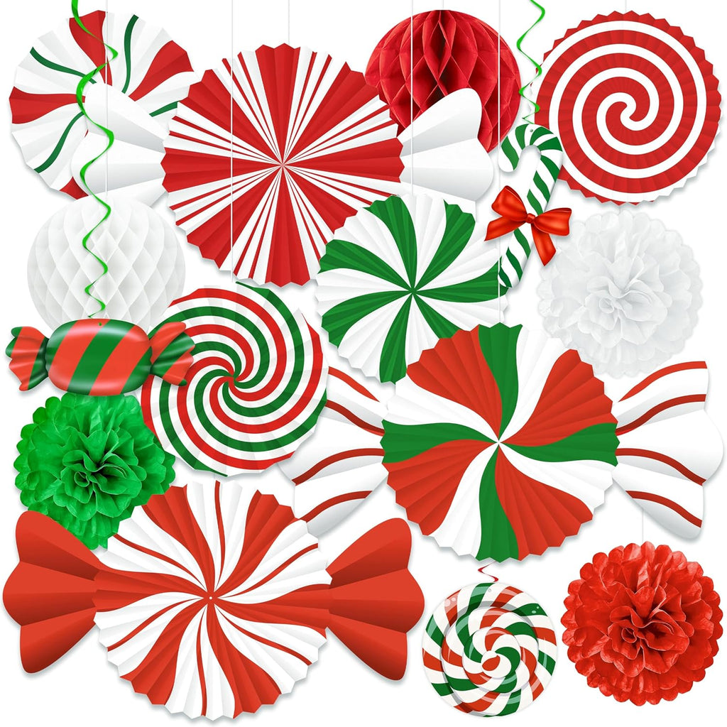 15pcs Candyland Christmas Party Decorations – Paper Fans, Honeycomb, Swirls for Peppermint, Indoor Ceiling, Wall Holiday Decor
