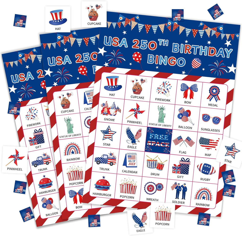 USA 250th Birthday Bingo Cards, 4th of July Patriotic Bingo Game for Adults Party, Independence Day Bingo Cards, Memorial Day Summer Activity, 24 Players Patriotic Party Supplies Favors, 023