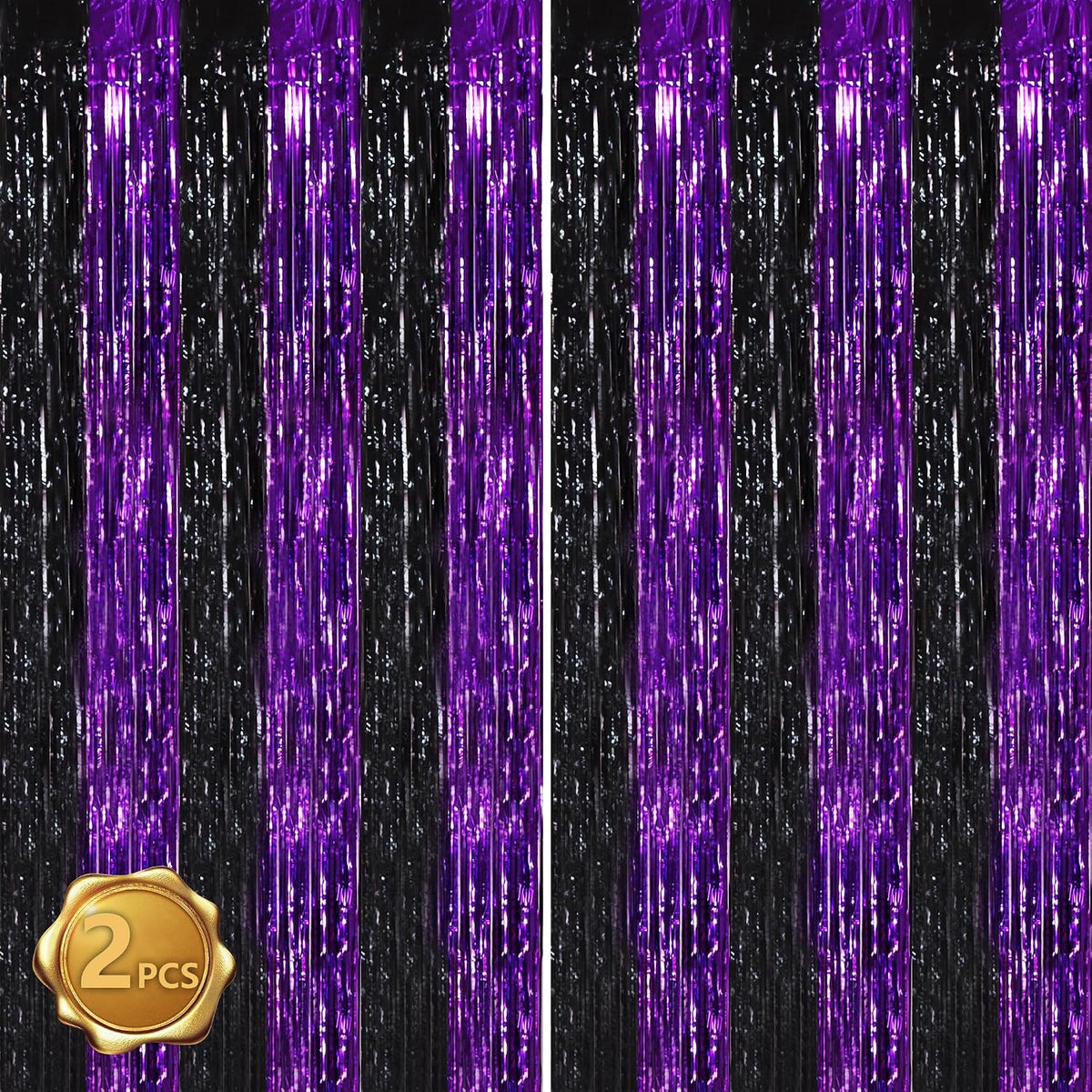 BEISHIDA Black Purple Door Streamers Backdrop Foil Fringe Tinsel Party Streamers Curtains Photo Backdrop - 2Pcs for Birthday Graduation Halloween Party Decoations