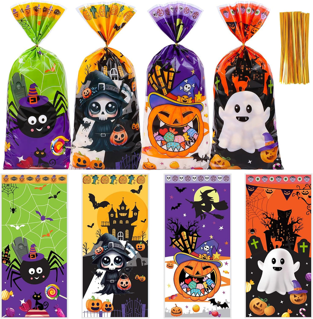 100 Pcs Halloween Cellophane Treat Bags - 5 x 11 Inch Halloween Goodie Bags with Gold Ties for Cookies, Snacks, Party Favors & Gift Packaging, 2.8 Mil Thick Plastic Spooky Season Candy Bag for Kids
