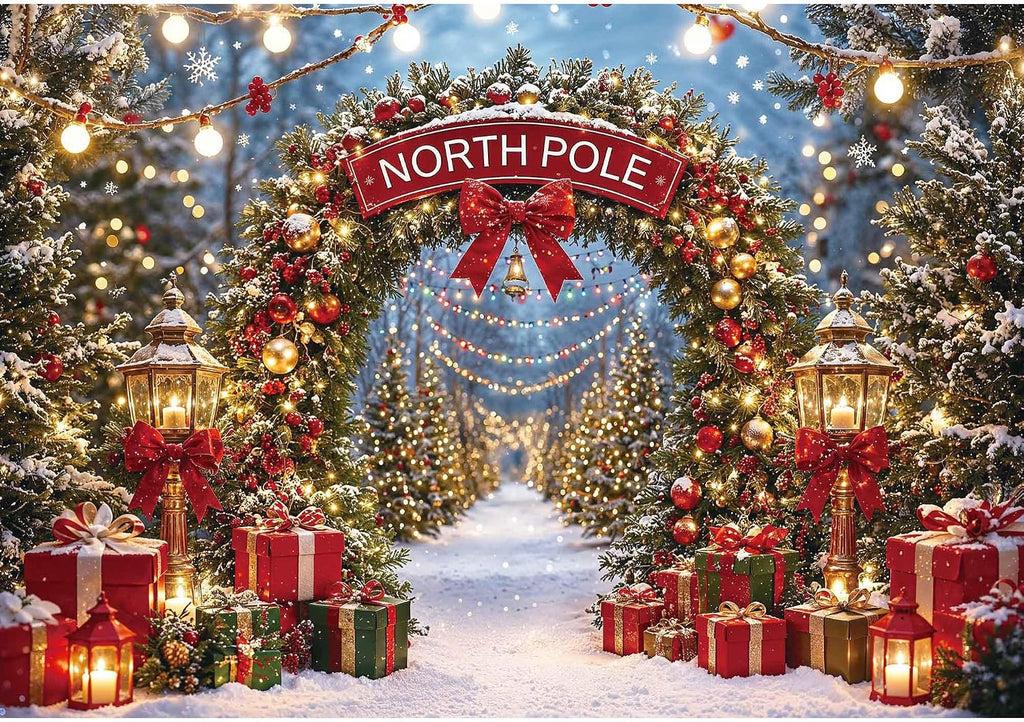 Christmas North Pole Photography Backdrop,Winter Aurora Borealis Snowy Forest Scene Background with Street Lamps,Xmas Party Decor Photo Booth Props(7x5ft)