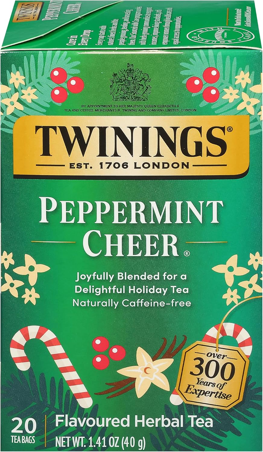 Twinings Peppermint Cheer Herbal Tea Individually Wrapped Bags, 20 Count (Pack of 1), Peppermint & Vanilla, Naturally Caffeine-Free, Enjoy Hot or Iced, 20 Teabags