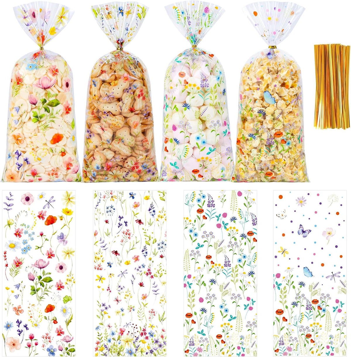 QOIUSO 50 PCS Wildflower Party Cellophane Treat Bags - 4.9 x 10.8 Inch Plastic Floral Party Favor Bags with Twist Ties - Clear Candy & Cookie Gift Bags for Baby Shower, Bridal, Wedding, Birthday