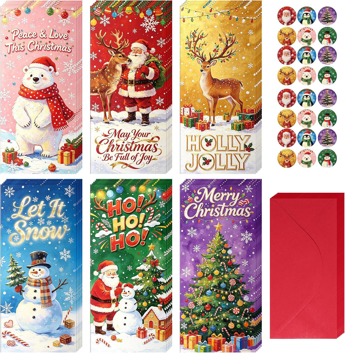Jaywayang 24 Pack Christmas Money Holders Cards, 6 Styles Xmas Cash Gift Card with Red Envelopes & Holiday Sealing Stickers
