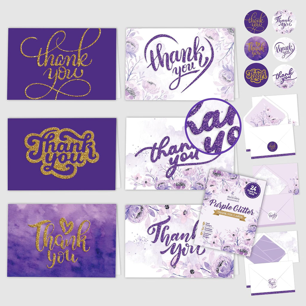 Decorably 24 Pack Glittery 6x4in Purple Thank You Cards with Envelopes