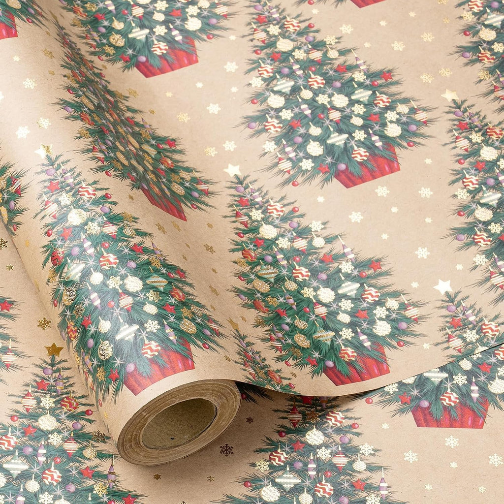RUSPEPA 30" X 32.8' Kraft Christmas Wrapping Paper Large Paper Roll, Jumbo Roll, Gold Foil Elegant Christmas Tree with Ornament & Snowflake Design Kraft Gift Wrap for Xmas Gifts, Winter and Holidays