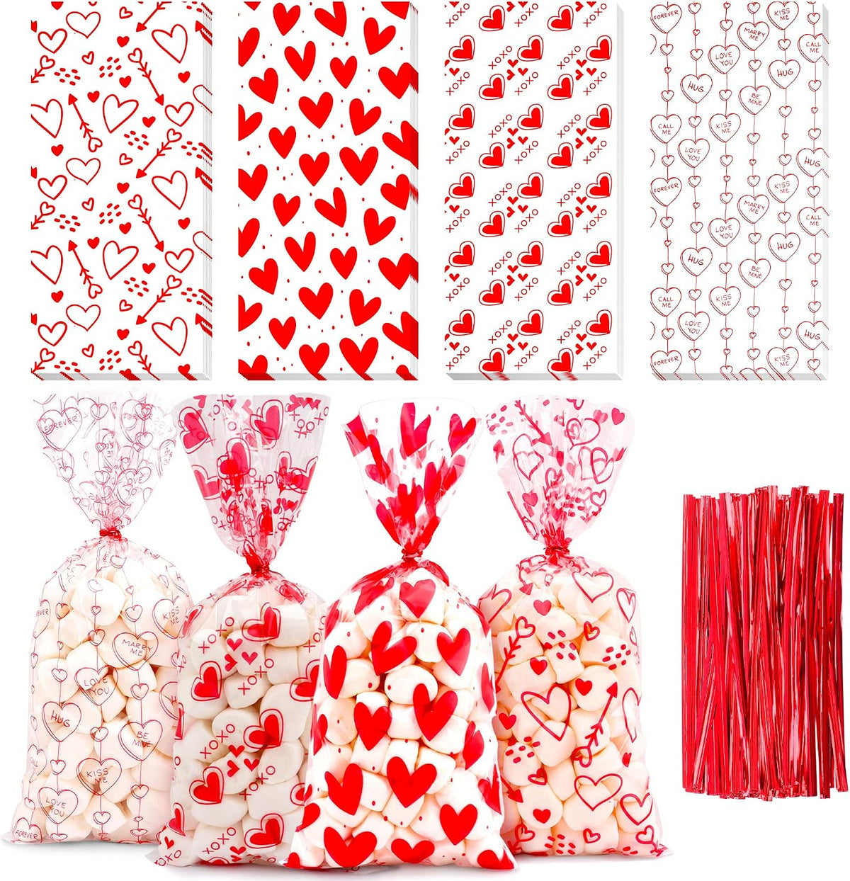 Valentines Cellophane Bags, Valentines Gift Bag, Valentine Treat Bags, Plastic Clear Red Valentine's Candy Cookie Goodie Snack Bag with Twist Ties for Valentines Day Wedding Party Favor Supplies,50 Pcs