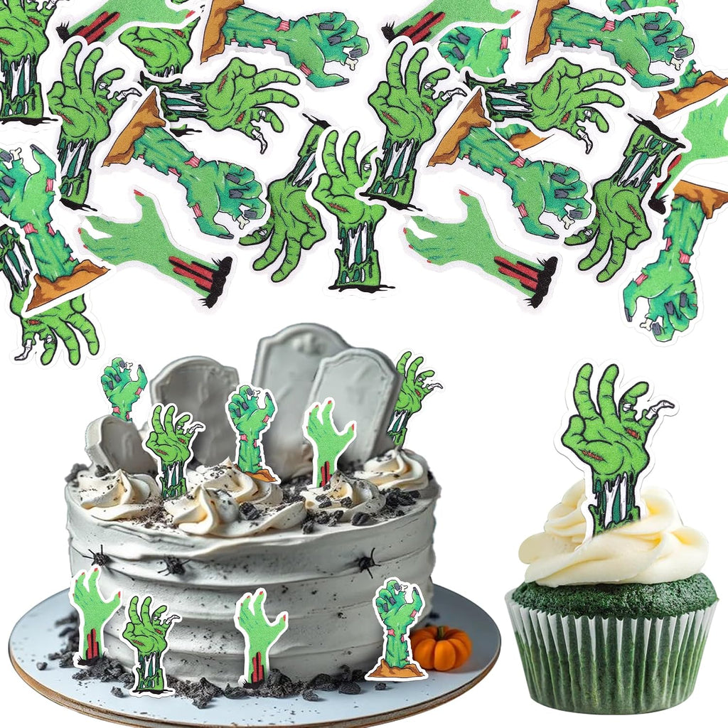 60 PCS Edible Zombie Hands Cupcake Toppers Wafer Paper Halloween Cupcake Picks Edible Horror Zombie Hands Cupcake Decorations for Halloween Theme Zombie Birthday Party Cake Decorations Supplies