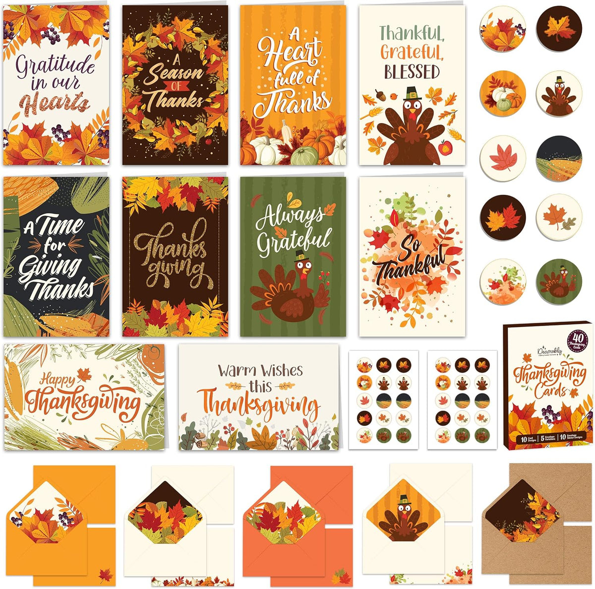 Decorably 40 Pack Happy Thanksgiving Cards with Envelopes, 10 Card Designs