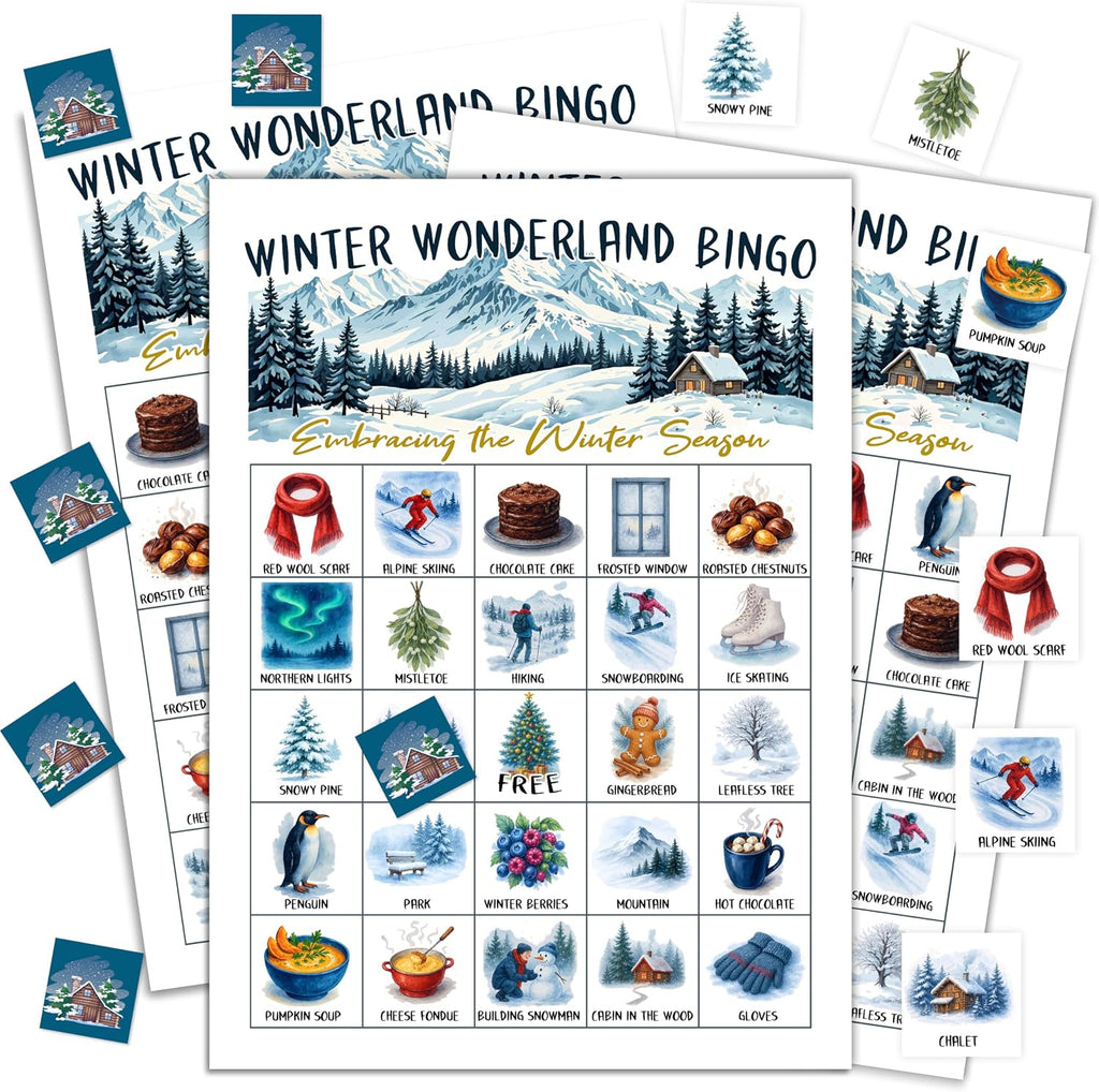 Winter Bingo Game, Winter Wonderland Party Game Cards for Adults, 24 Players Christmas Activities for Family Friends, Large Xmas Holiday Family Party Supplies Favor Decor, (005)