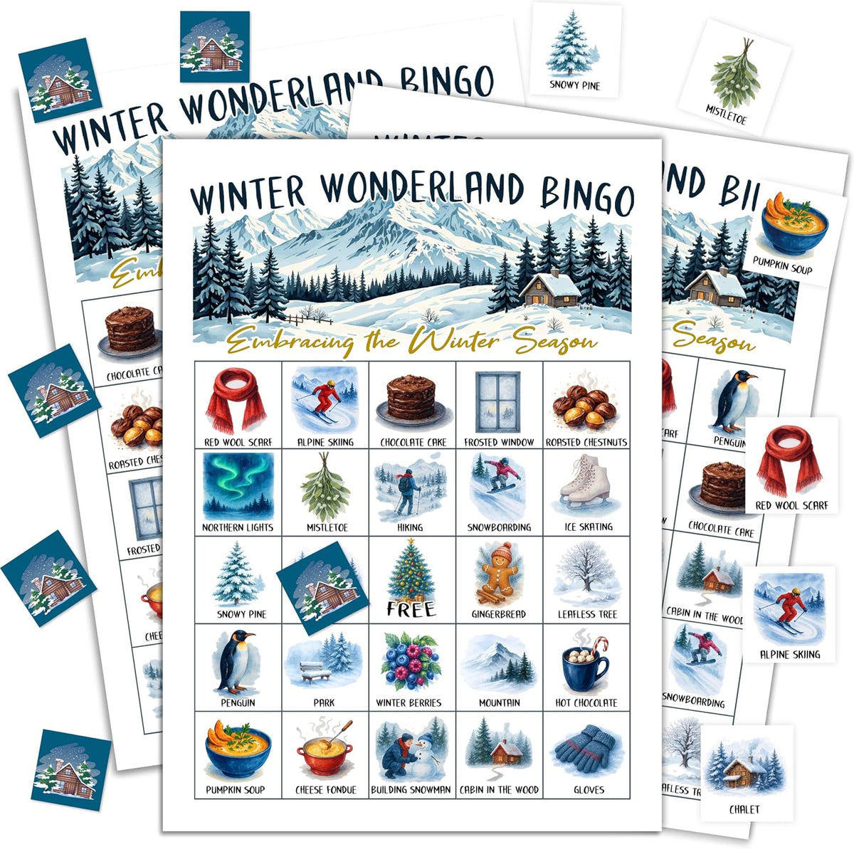 Winter Bingo Game, Winter Wonderland Party Game Cards for Adults, 24 Players Christmas Activities for Family Friends, Large Xmas Holiday Family Party Supplies Favor Decor, (005)