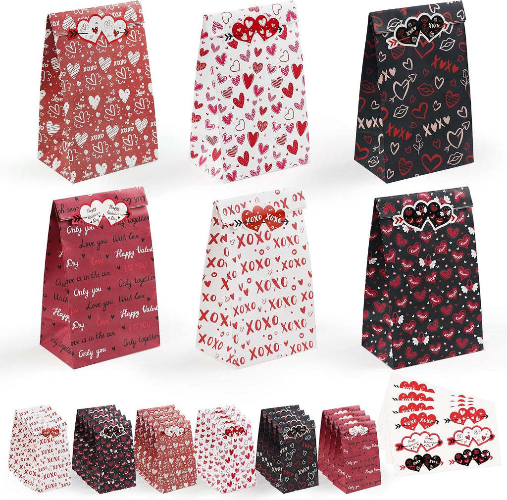 Valentines Bags - 24 PCS Valentines Gift Bags for Class School,Valentine Treat Bags with Stickers -Valentine Goodie Bags for Kids | Valentine's Day Gifts for Kids -Valentine's Decorations Party Favors