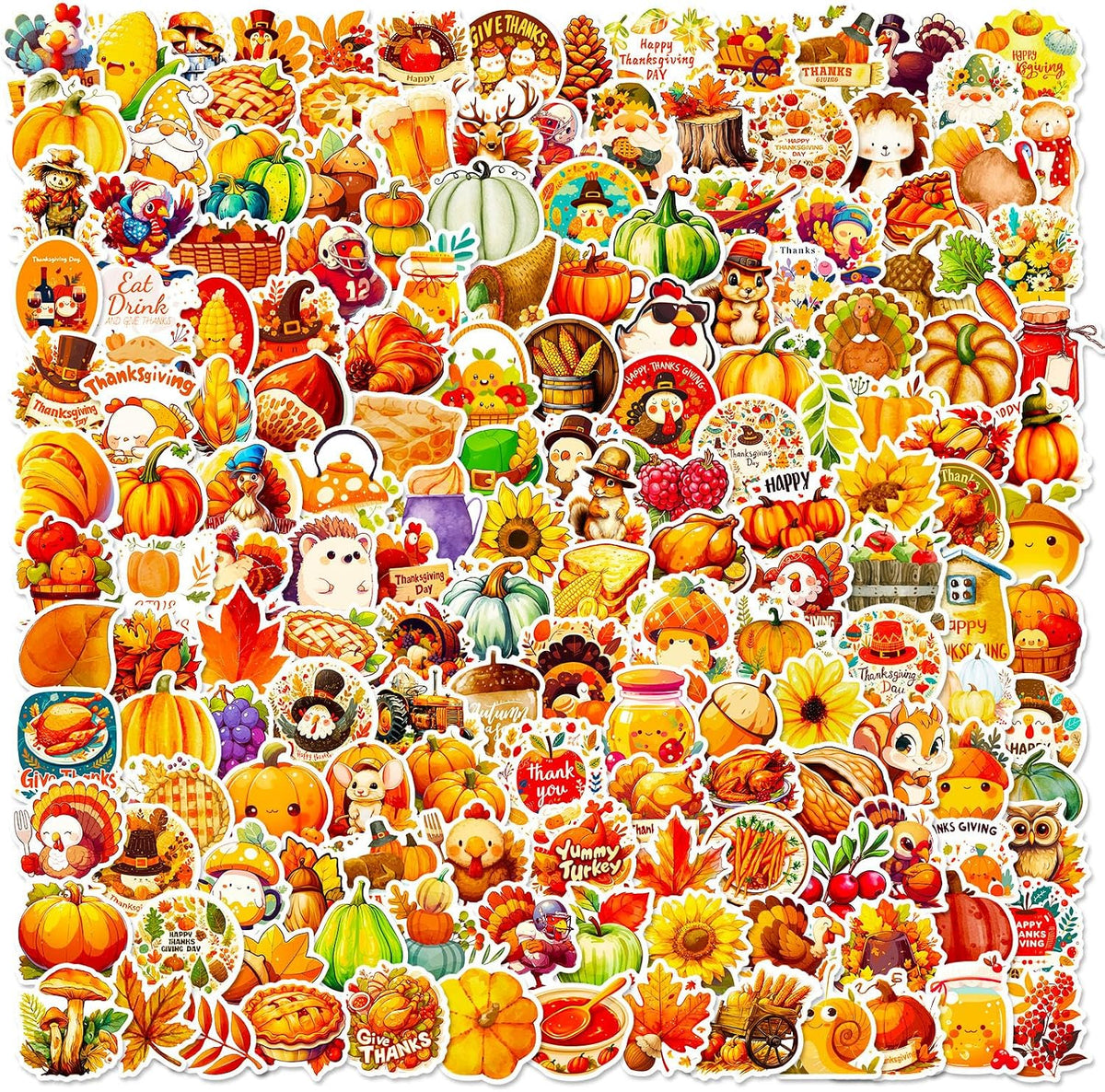 Thanksgiving Stickers Pack, 200Pcs Cute Thanksgiving Pumpkins Vinyl Waterproof Stickers for Water Bottles Envelopes Scrapbooking Crafts, Fall Sticker Gifts for Kids Adults Teens