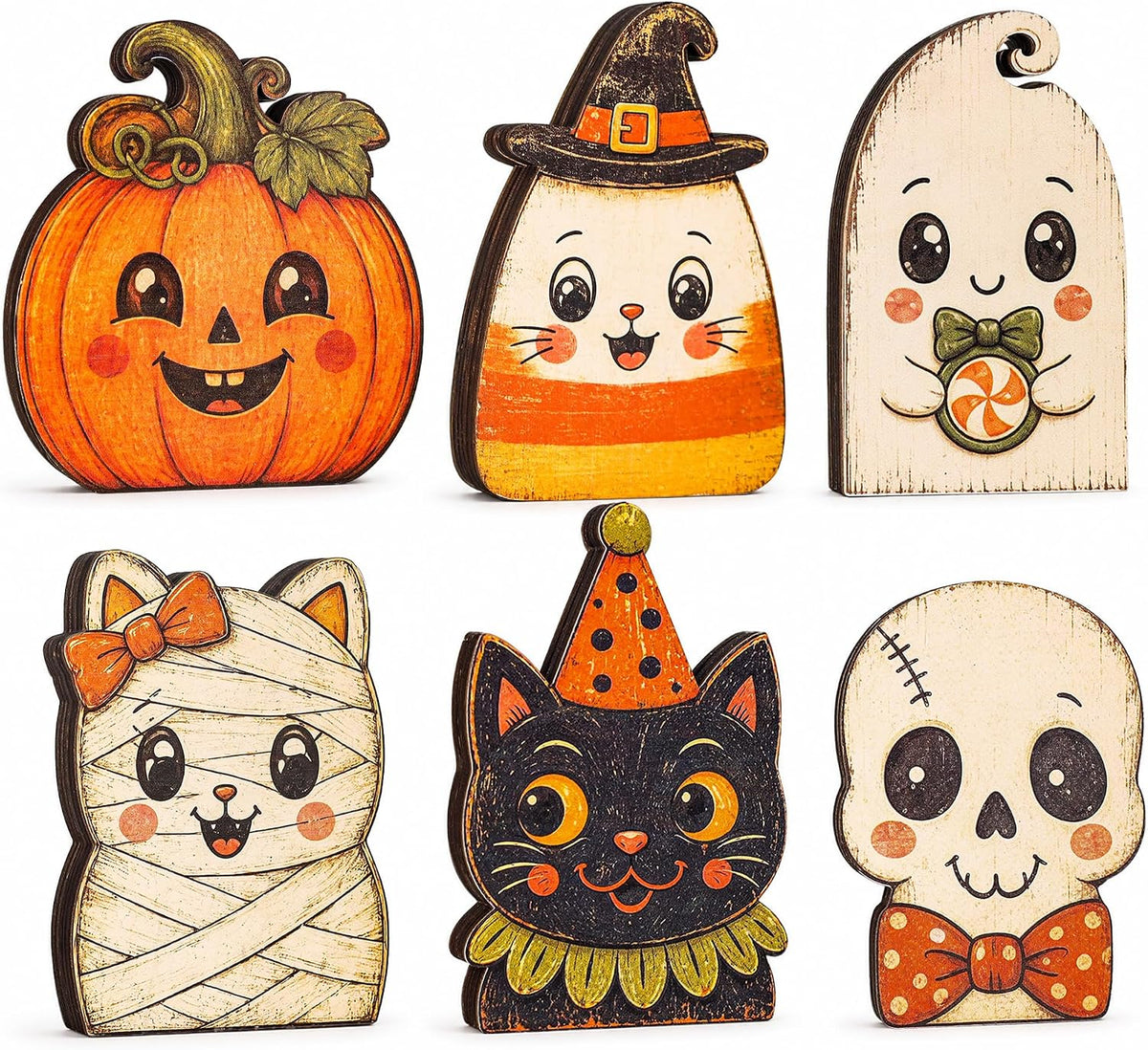 Lineshading 4 Pcs Halloween Ghost Blocks, Wooden Coffee Farmhouse Decor