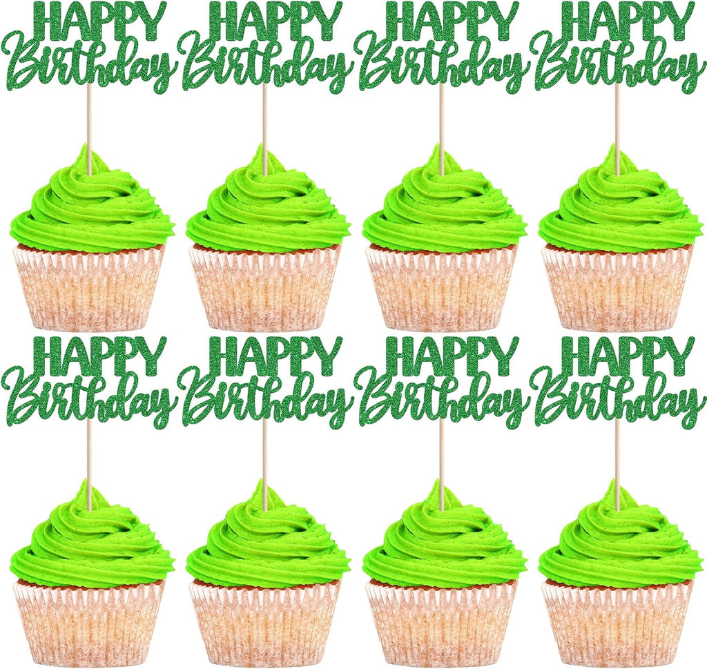 30 PCS Happy Birthday Cupcake Toppers Glitter Happy Birthday Cupcake Picks for Celebrating Anniversary Theme Christmas Party Cake Decorations Supplies Green