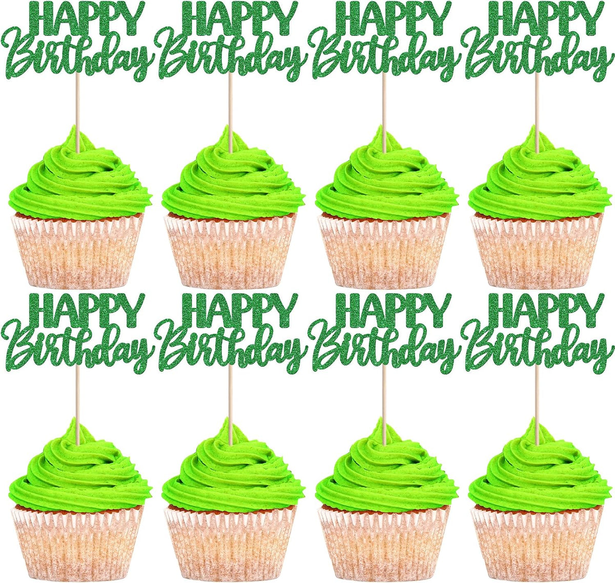 30 PCS Happy Birthday Cupcake Toppers Glitter Happy Birthday Cupcake Picks for Celebrating Anniversary Theme Christmas Party Cake Decorations Supplies Green