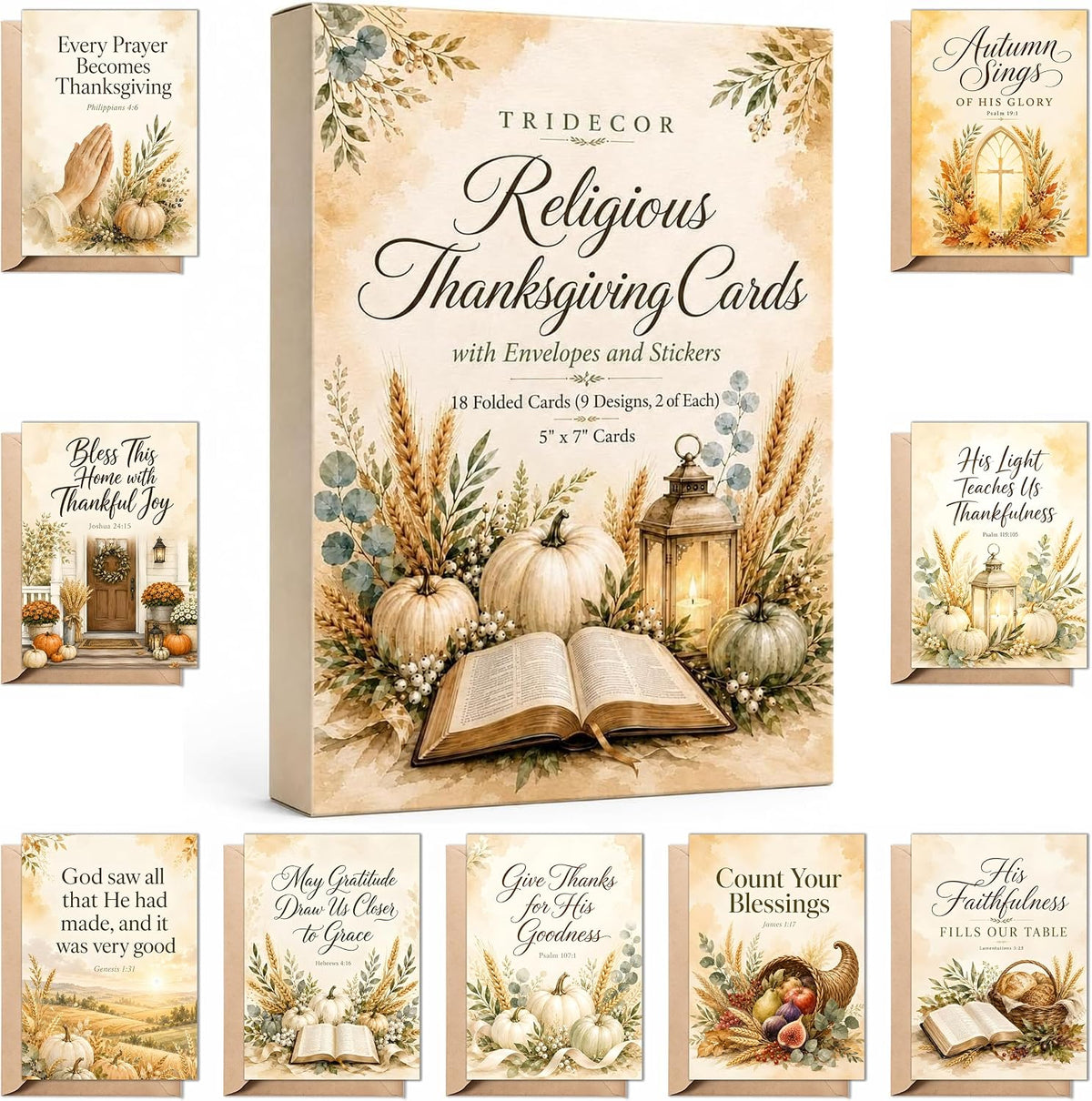 Religious Thanksgiving Cards, 18 Christian 5x7 Cards with Envelopes