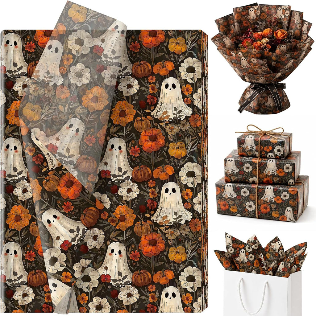 60 Sheets Boho Ghost Floral Tissue Paper, 13.8 x 19.7'' Boho Ghost Floral Pumpkin Patterns Gift Wrapping Paper for Halloween DIY Craft Autumn Party Supplies