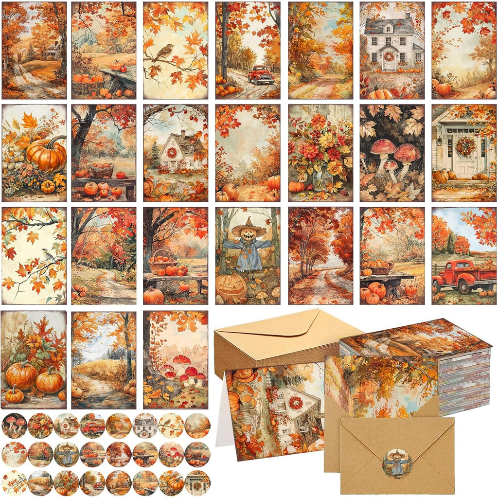 FYSUIMU 24 Pack Fall Cards Greeting Cards with Envelopes Stickers Autumn Leaves Pumpkin Truck Blank Note Card for Thanksgiving Harvest Party Supplies, 4 x 6 Inch