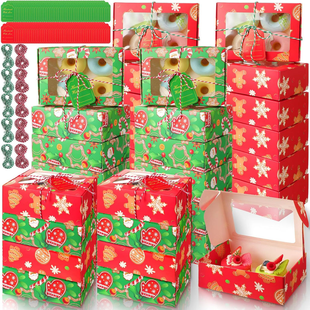 72 Set Christmas Cookie Boxes with Window 7"x4.7"x2.4" Christmas Cookie Tins Bakery Treat Box for Gift Giving Xmas Treat Container with Ribbon and Tag for Winter Xmas Party Supply (Cute)