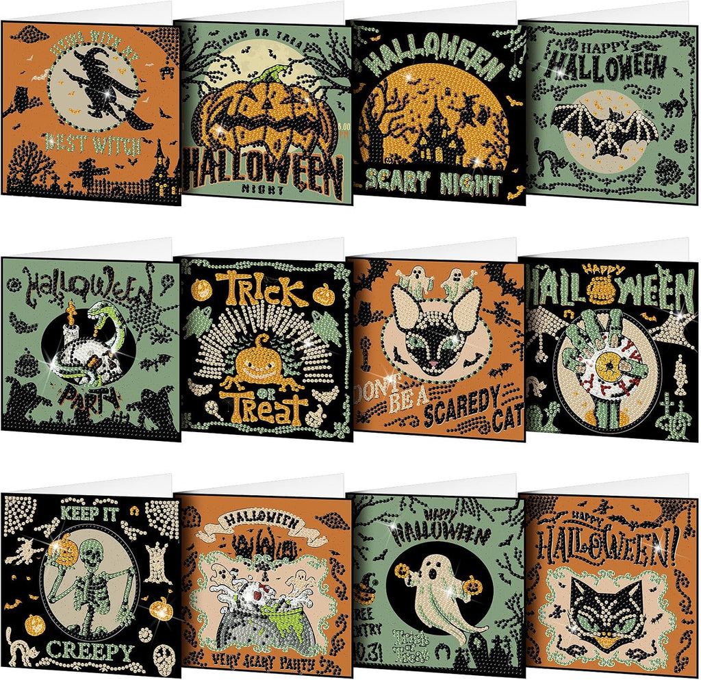 Saillong 12 Pack Halloween Diamond Painting Greeting Card Kits DIY Halloween Diamond Art Cards with Envelopes Green Black Cat Skull 5D Rhinestones Painting Kit for Adults DIY Craft Family Friend Gifts