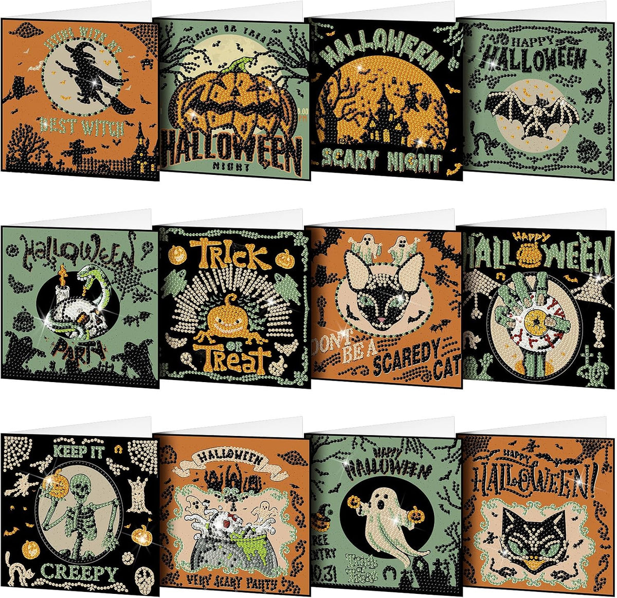 Saillong 12 Pack Halloween Diamond Painting Greeting Card Kits DIY Halloween Diamond Art Cards with Envelopes Green Black Cat Skull 5D Rhinestones Painting Kit for Adults DIY Craft Family Friend Gifts