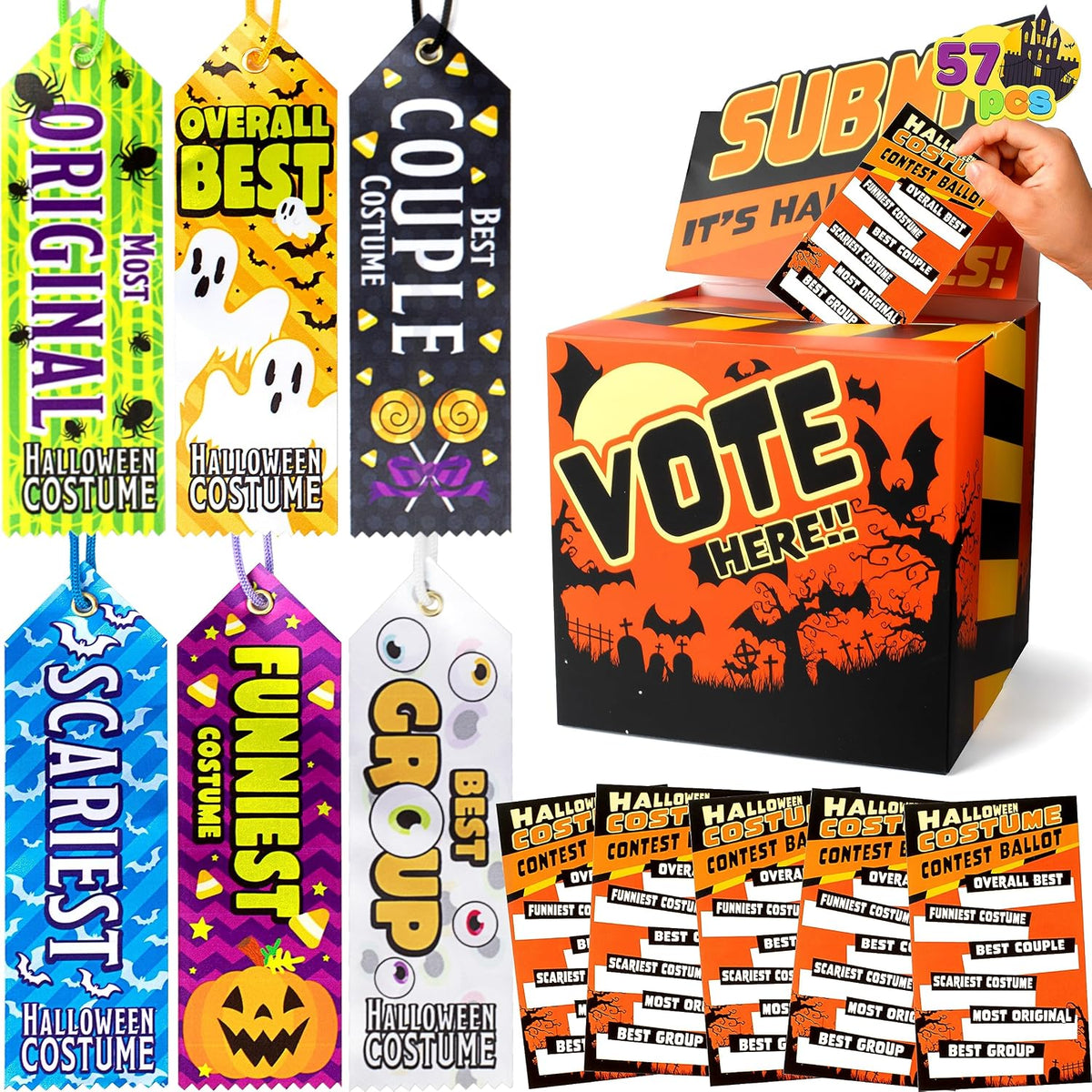 JOYIN 57 PCS Halloween Party Costume Contest Ballot Set of Boxes with Voting Ballots and Trophy Award Ribbons for Halloween Party Game Home Indoor Office Vote, Trick or Treat Trophy Awards Ribbons