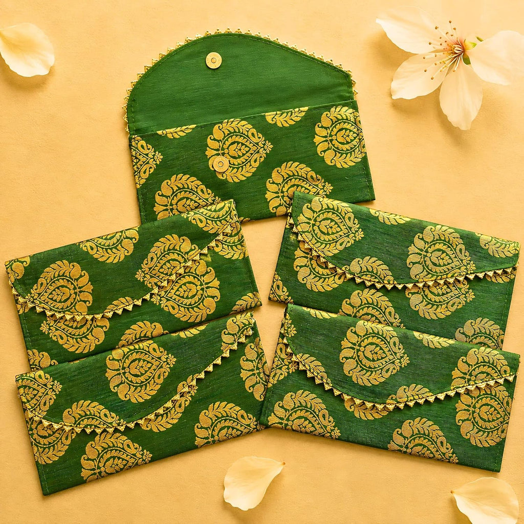 LoveNspire Brocade Fabric Money Envelopes (8 x 4 Inch) Decorative Floral Pattern Shagun Lifafa for Indian Wedding, Birthday | Cash Gift Holder & Home Savings Organizer Green/Pack of 5