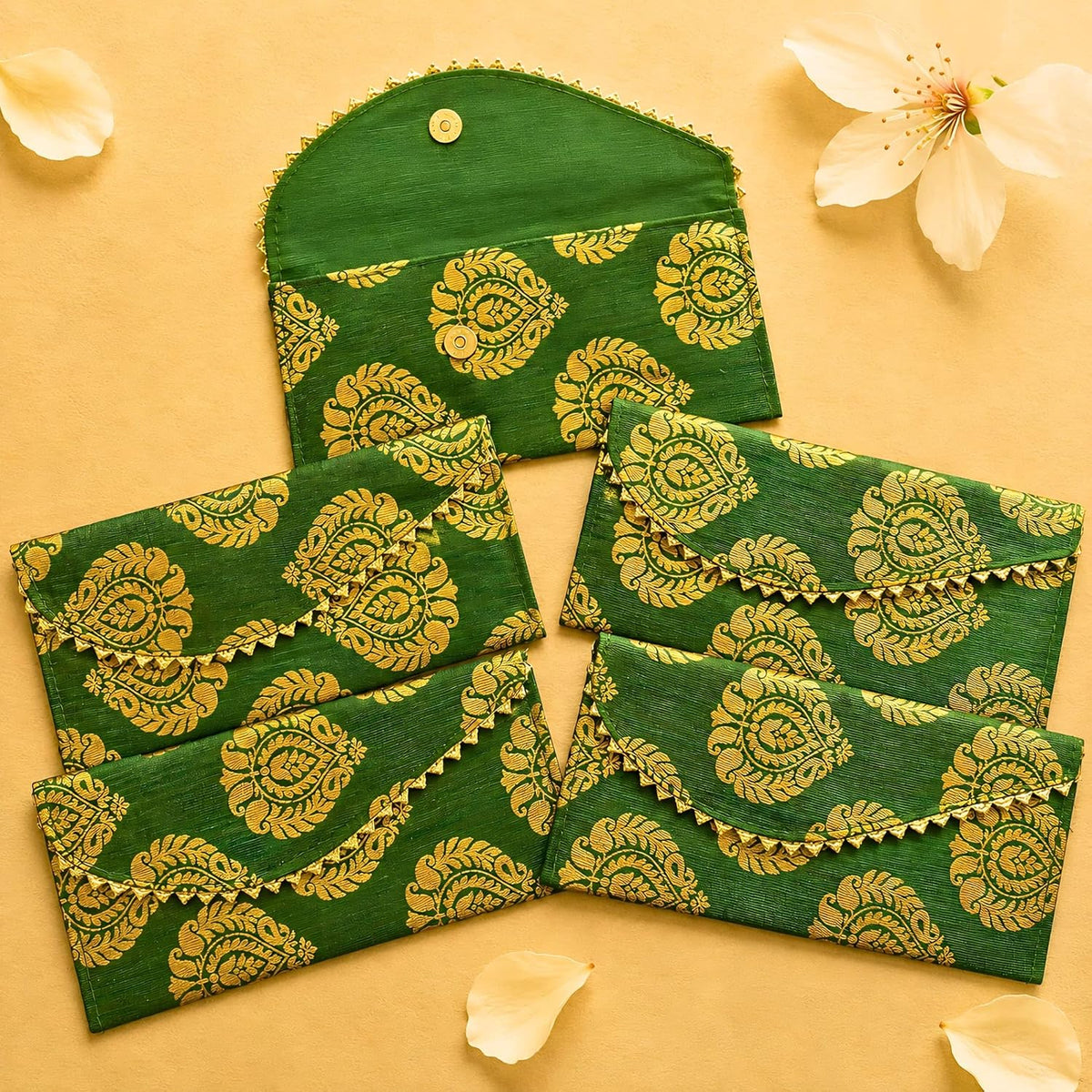 LoveNspire Brocade Fabric Money Envelopes (8 x 4 Inch) Decorative Floral Pattern Shagun Lifafa for Indian Wedding, Birthday | Cash Gift Holder & Home Savings Organizer Green/Pack of 5