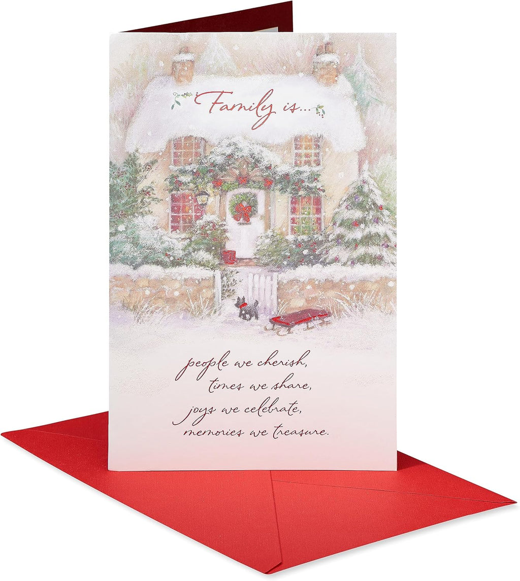 American Greetings Christmas Card for Family, Friends, or Someone Special, Shimmering Winter Cabin Scene Holiday Greeting (All the Joys)