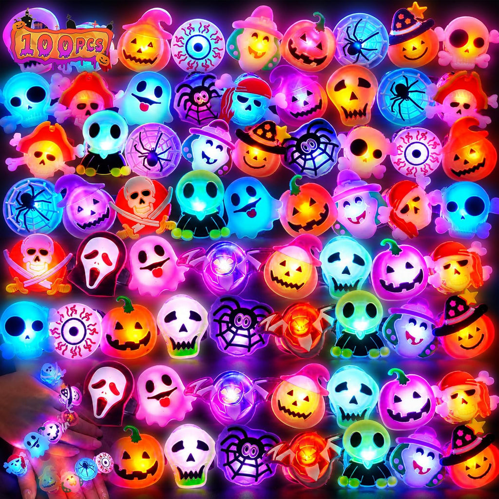 Tiaxidex 100PCS Halloween Treats Light Up LED Rings, Non Candy Halloween Trick or Treats 3D Flashing Rings Toys Glow In the Dark Party Favor Ring Toy Gifts For Kids Adults Goodie Bag Stuffers