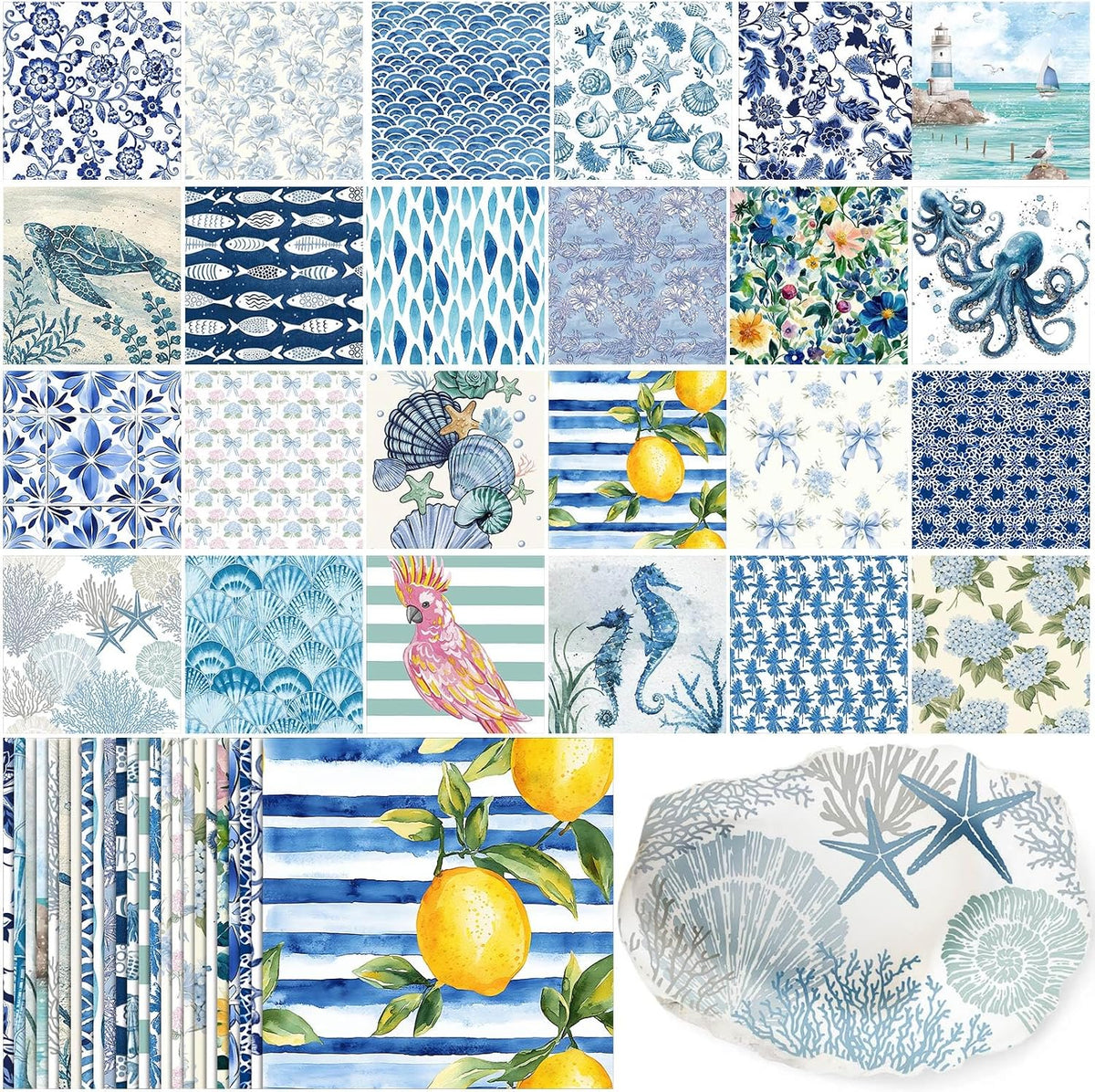 Tenceur 48 Pack 24 Style Blue Coastal Decoupage Napkins for Crafts, 13 inch