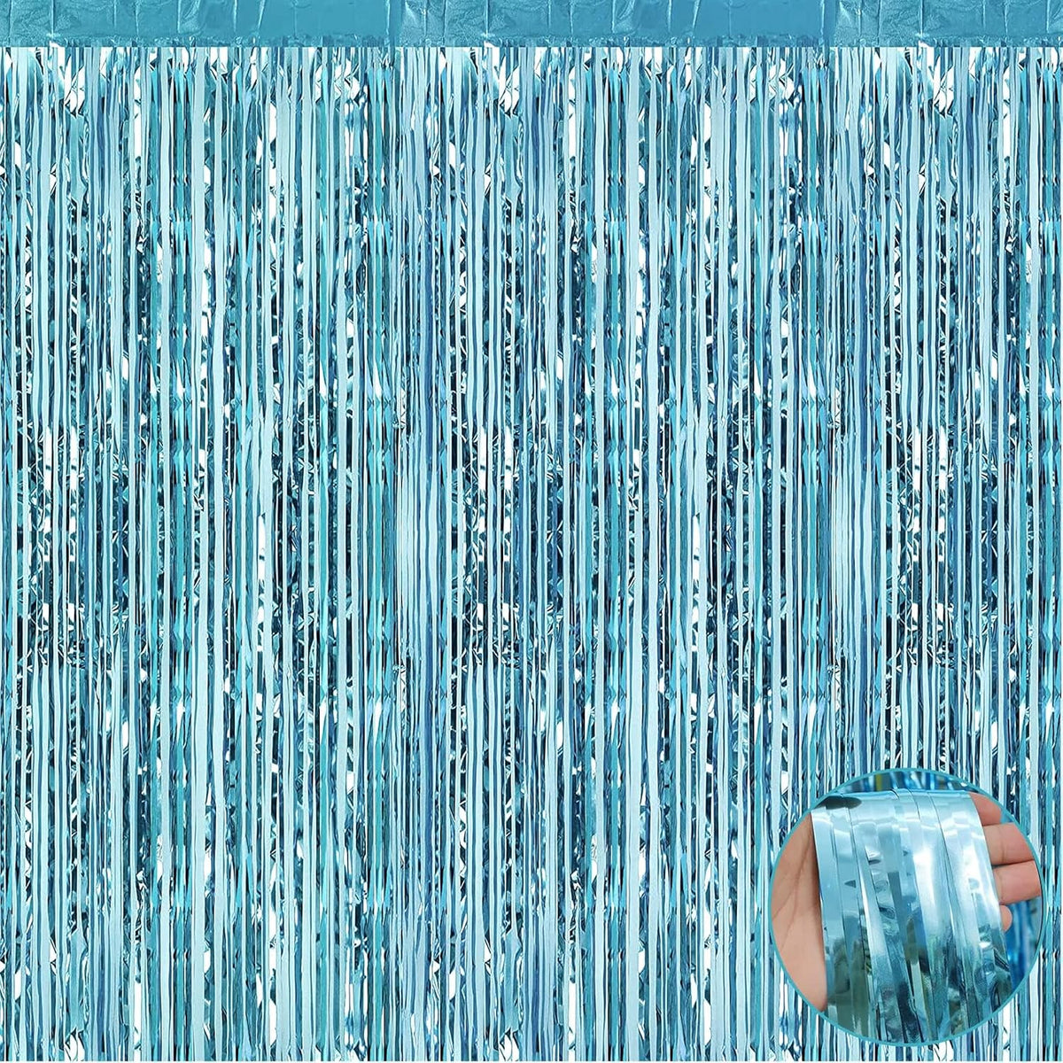4 Pack Light Blue Foil Fringe Curtain Backdrop, 3.28Ft x 8.2Ft Metallic Tinsel Foil Fringe Streamer Curtains for Photo Booth Props, Birthday, Wedding, Christmas Decoration Party Supplies New