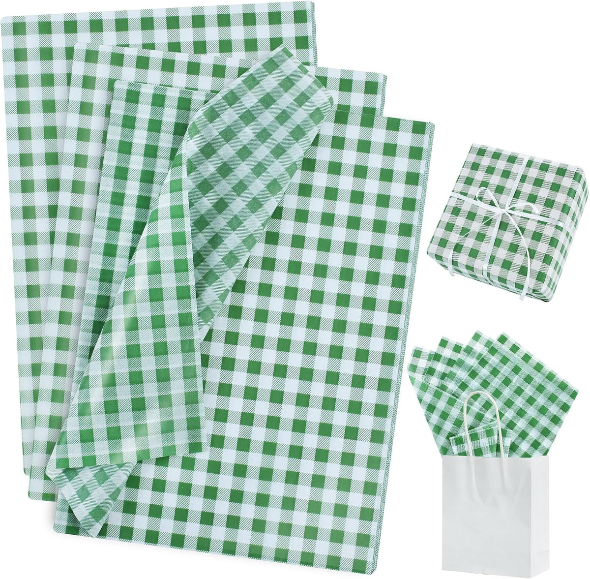 BEISHIDA Gingham Tissue Paper Bulk, Forest Green White Checkered Wrapping Tissue Paper for Gift Bags, 14 x 20 Inch Gift Wrap for Birthday Easter Jungle DIY Crafts Decor Holiday Flowers,50 Sheets