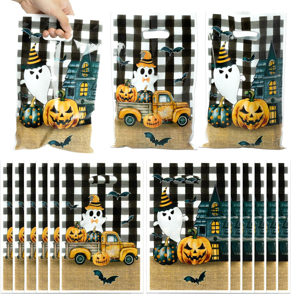 Haooryx Little Boo Pumpkin Party Favor Bags Halloween Plastic Gift Bags