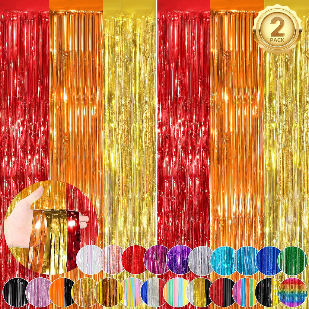 Rainbow Party Backdrop Decorations, Foil Fringe Curtains 2Pack 3.3x8.3 Ft