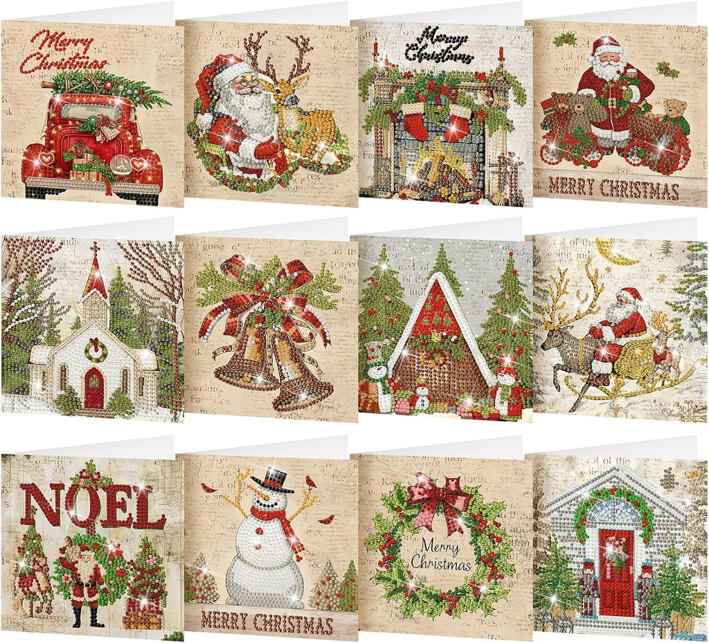 Saillong 12 Pack Vintage Christmas Diamond Painting Greeting Card Kits DIY Red Retro Christmas Diamond Art Cards with Envelopes Xmas 5D Rhinestones Painting kit for Adults DIY Craft Family Xmas Gifts