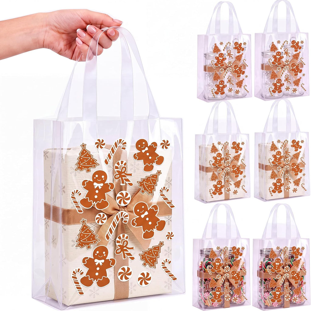 Pajean 25 Pcs Christmas Plastic Gift Bags with Handles, Gingerbread Pouches