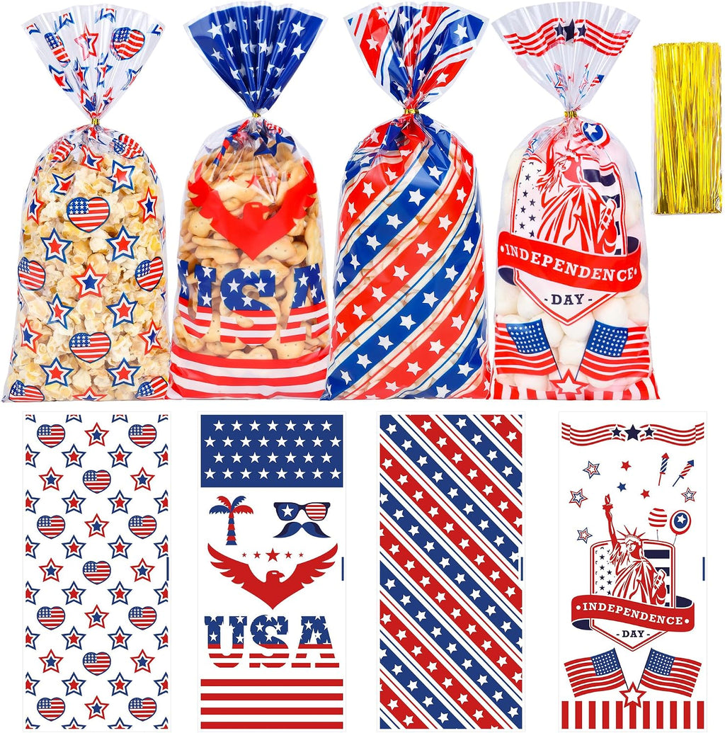 100 Pcs 4th of July Cellophane Treat Bags - 5" x 11" Patriotic Candy Bags with 110 Gold Twist Ties, Independence Day Goodie Bag for Cookies, Snacks, Party Favors & Gift Packaging (Red White and Blue)
