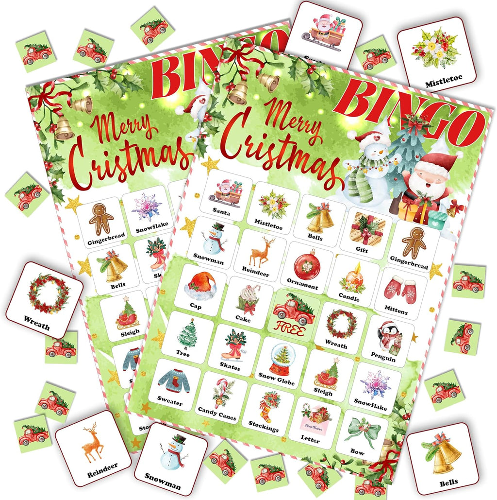 24-Person Christmas Bingo Cards, Watercolor Snowman Xmas Party Card Game, Green Santa Claus Bingo Game for Family Large Group Activities, Winter Holiday Party Supplies