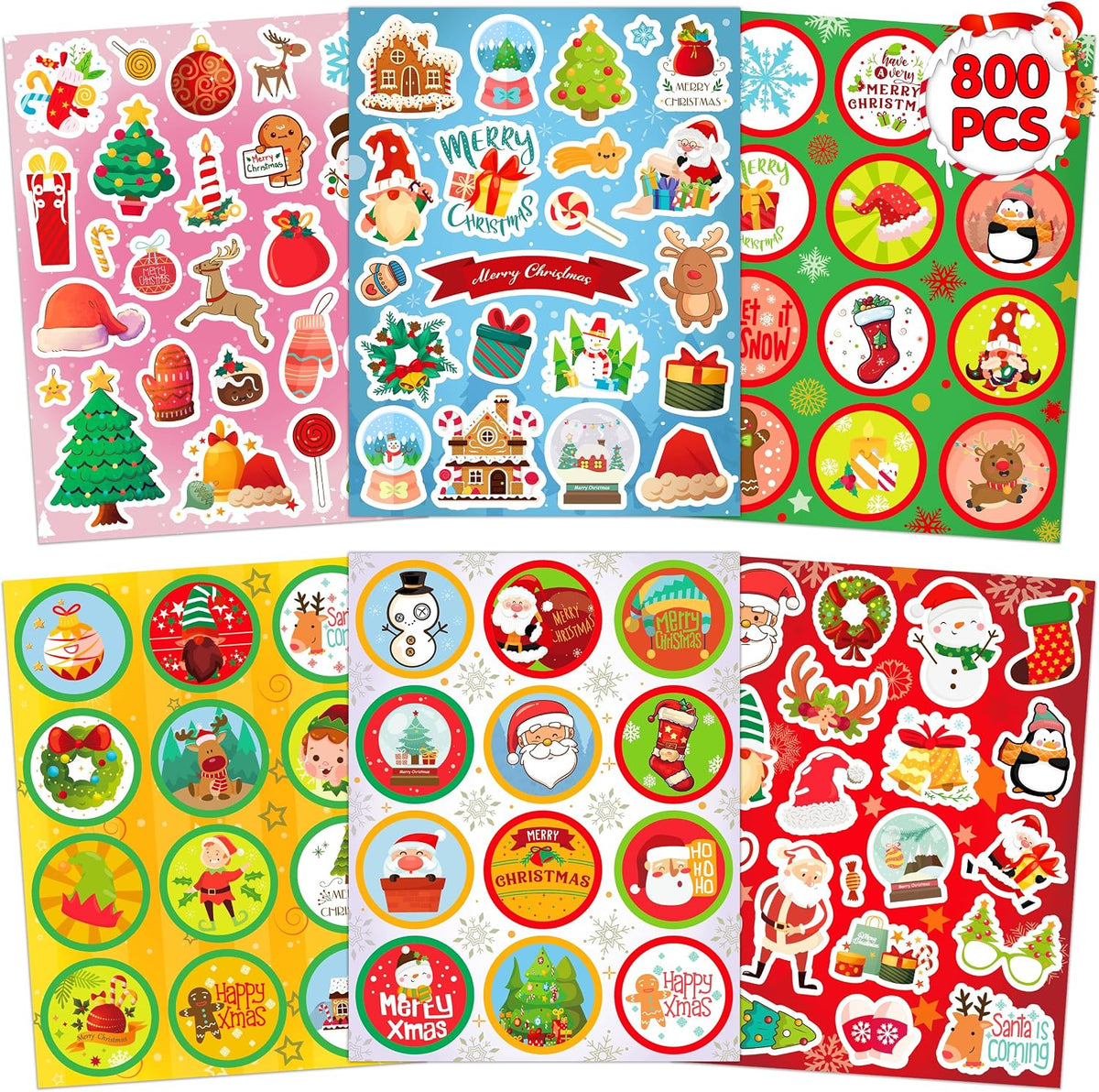 LINAYE 48 Sheets Christmas Stickers, 800PCS Stickers for Crafts Cards, Scrapbooking, Water Bottles, Envelopes and Christmas Party Favors for Kids