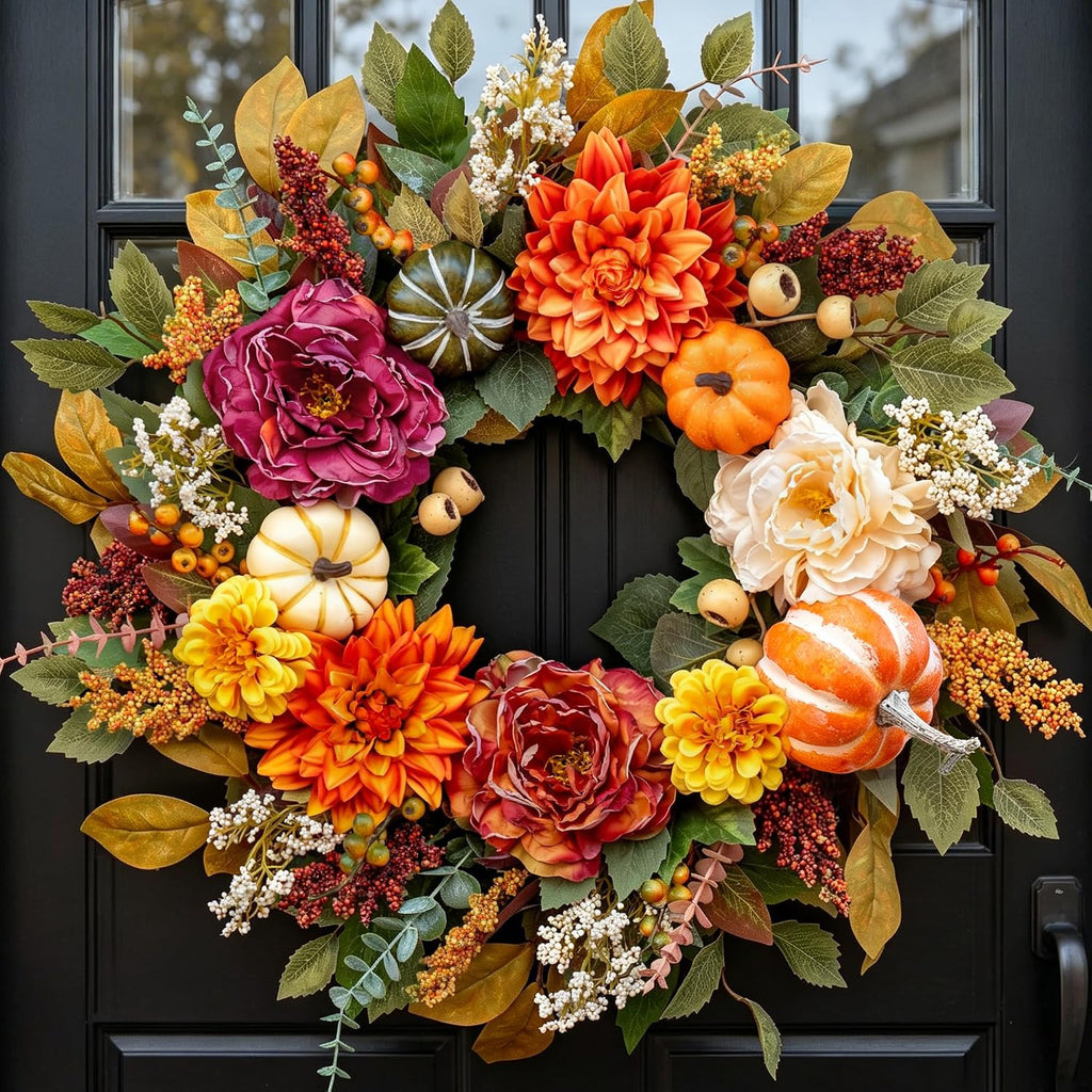 Pinkpum 20" Fall Wreath Front Door Pumpkin Sunflower Pine Cones Wall Decor