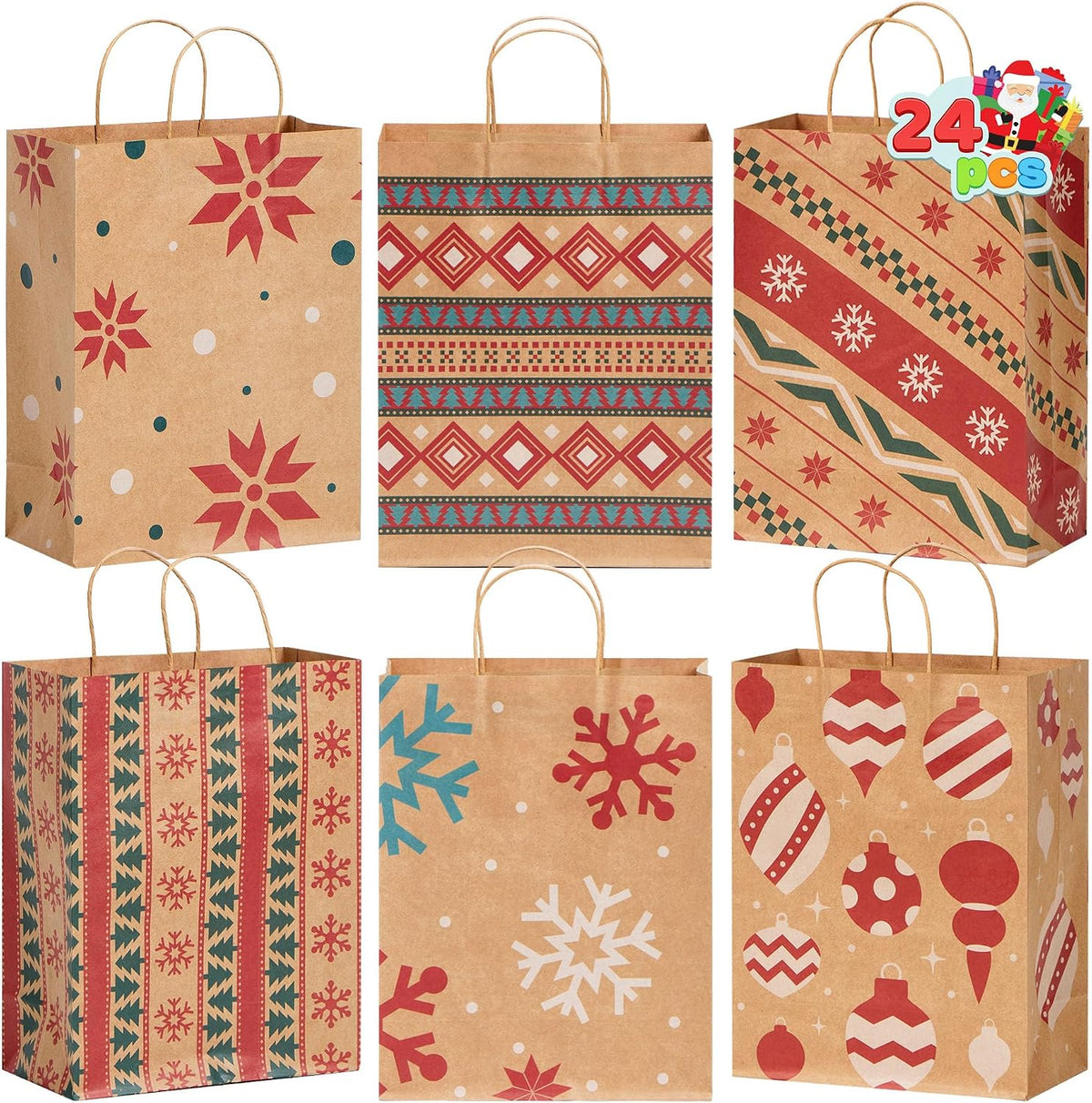JOYIN 24 PCS Christmas Kraft Gift Bags Xmas Holiday Paper Goody Wrap Shopping Bags with Handles for Holiday Presents, Giant Gifts Decorations, Classrooms and Party Favors (10 x 13 x 5)