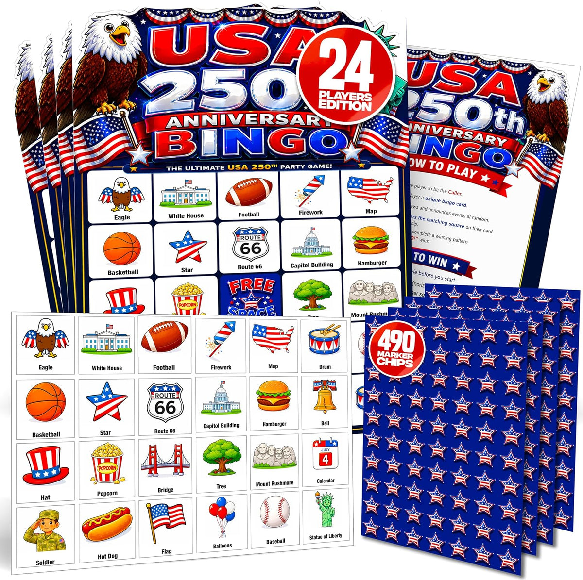 USA 250th Anniversary Historical Memorabilia Bingo Game 24 cards, 470 Chips